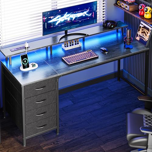 Huuger 55 Inch Computer Desk with Power Outlets and LED Lights, Gaming Desk with 4 Drawers, Office Desk with Monitor Stand, Study Work, Home Office, Gray - color: Grey, size: 55 INCH