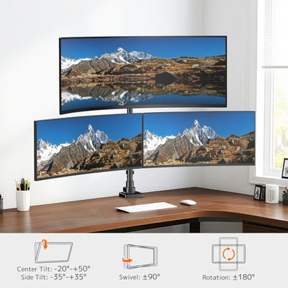 Triple Monitor Mount up to 49 inches, Fully Adjustable Heavy Duty 3 Monitor Arm with Gas Spring, Desk Mount for 3 Screens, C-Clamp & Grommet Base, Holds 44 lbs, Black - color: Black