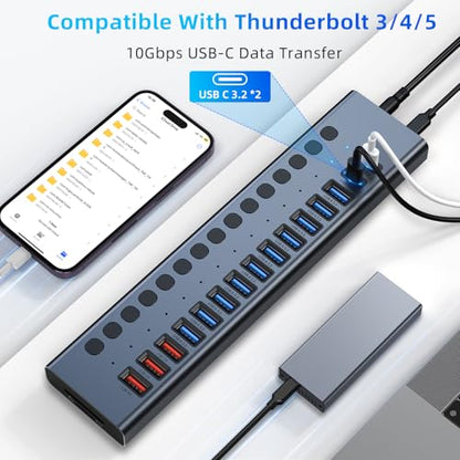 VANGREE Powered USB Hub 10Gbps, 17 Ports USB 3.2 Hub, 96W Power Adapter - color: Gray