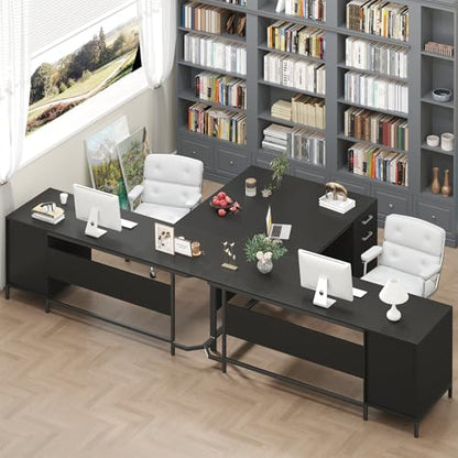 TVU 59’‘ L Shaped Desk with 6 Wood Drawers, Large Home Office Corner Computer Desk with Storage File Cabinet, Modern Metal Wood Desk for Executive Writing Study Workstation, Black