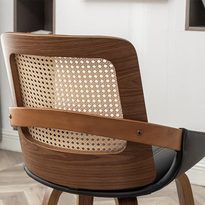 Set of 4 Black Rattan Dining Chair - Mid Century Modern Dining Chair with Ergonomic Cane Back, Bentwood Frame, Faux Leather Seat, Arms, Walnut Dining Chairs for Living Room/Kitchen (Walnut Black) - color: Walnut Black, size: Set of 4