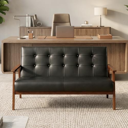 JIASTING 50" W Solid Wood Loveseat Sofa, Upholstered Faux Leather Couch