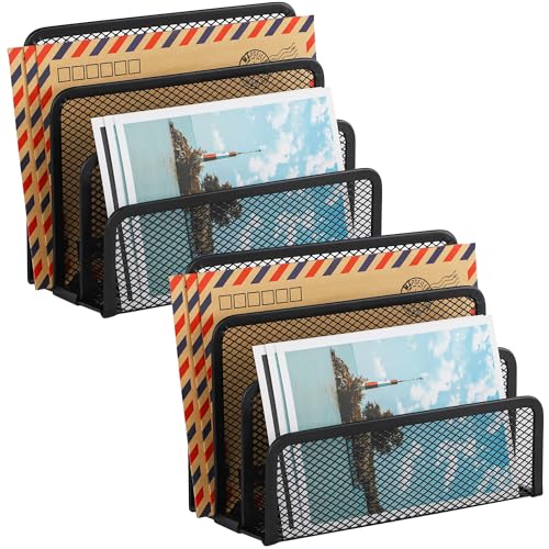 Desk Mail Organizer, Office Small Desktop Metal Mesh Envelope Letter Sorter Paper File Holder Organizer with 3 Vertical Upright Compartments, Black 2 Pack - color: Black, size: 2 Pack