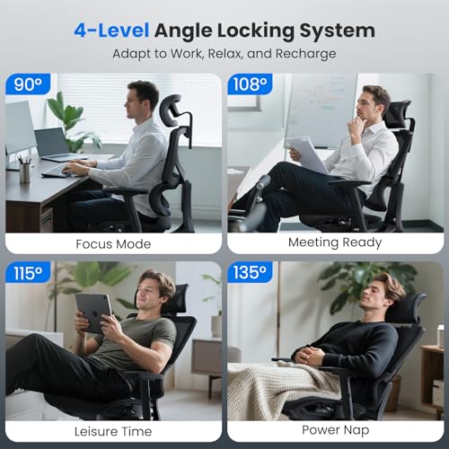 OdinLake L1 Ergo Upgrade 518 Black Ergonomic Mesh Office Chair – Big & Tall 350lbs, Dynamic Lumbar Support, Adjustable Height, Seat Depth, Headrest, Armrests, BIFMA Certified Desk Chair - color: Black
