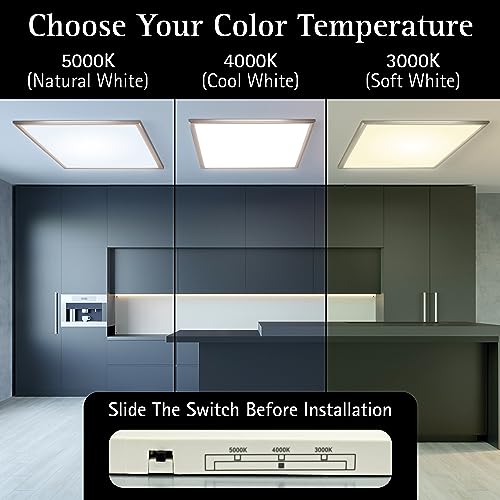 UltraLux 2x2 Surface Mount LED Panel TRIAC Dimmable 3CCT Brushed Nickel 2Pk | 3000 lumens, 120-degree beam, CRI>80, aluminum build, damp-rated, fits junction boxes, over 50,000 hours, 5-year warranty - color: Brushed Nickel, size: 2X2 (2 Pack)