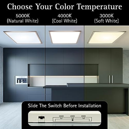 UltraLux 2x2 Surface Mount LED Panel TRIAC Dimmable 3CCT Brushed Nickel 2Pk | 3000 lumens, 120-degree beam, CRI>80, aluminum build, damp-rated, fits junction boxes, over 50,000 hours, 5-year warranty - color: Brushed Nickel, size: 2X2 (2 Pack)