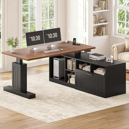 Farmhouse L Shaped Standing Desk with Lateral File Cabinet, 55.1" X 54.3" Electric Executive Desk Adjustable Height with Power Outlets, Shelves, Sit Stand Corner Computer Desk for Home Office, Black - color: Black+modular Cabinet