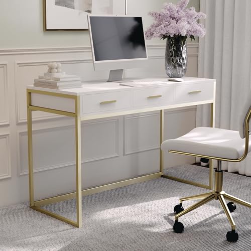 Martha Stewart Ollie Home Office Desk with 3 Drawers in White with Polished Brass Hardware - color: White Top/Polished Brass Frame