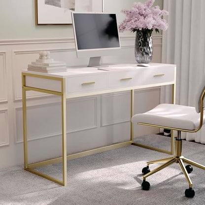 Martha Stewart Ollie Home Office Desk with 3 Drawers in White with Polished Brass Hardware - color: White Top/Polished Brass Frame