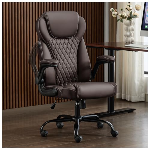 amseatec Big and Tall Office Chair, Flip-Up, Executive Desk Chair, Brown | Ergonomic Leather High Back, Lumbar Support, 90 °Lock, 115° Tilt, 20 Spring Packs, 300lbs Capacity, Wide Seat/Smooth Casters - color: Brown