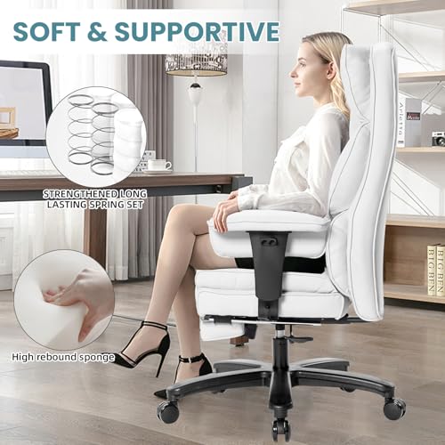 Big and Tall Office Chair with Foot Rest,Heavy Duty Office Chair(White) | PU Leather High Back Wide Desk Chair, Comfortable Executive Office Chair, 135° Reclining, Adjustable Padded Armrests - color: White