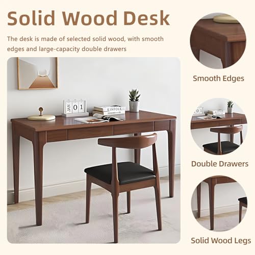 KEIKI Solid Wood Writing Desk with Drawers, 47" Computer Desk for Home Office Work, Study, Walnut - color: Walnut