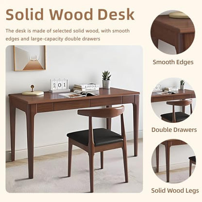 KEIKI Solid Wood Writing Desk with Drawers, 47" Computer Desk for Home Office Work, Study, Walnut - color: Walnut