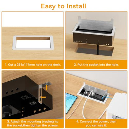 Conference Table Power Hub with HDMI, Tabletop Connectivity Box with RJ45 + 20W USB C + 2 USB A + 2 AC Outlets, Flush Mount Desk Power Outlet for Office School, Silver