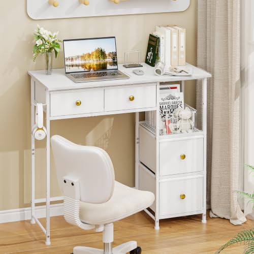 3IngSeagulls Small Computer Desk with 4 Fabric Drawers, Simple Writing Desk for Home Office, Compact Study Desks for Small Spaces, Kids Desk Study for Bedroom, White - color: White