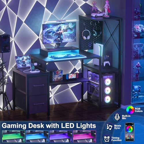 Small Gaming Desk with 2 Fabric Drawers - Reversible Computer Desk with Power Outlet & LED Lights, 49" Office Desk with Monitor Stand & Storage Shelves, Writing Study Table with Pegboard, Black - color: Black