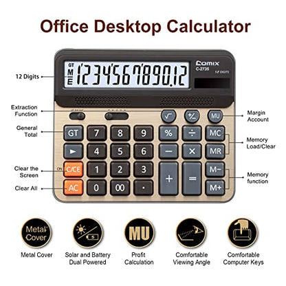 Comix Desktop Calculator, 12 Digits Large Button Desk Calculator, Gold