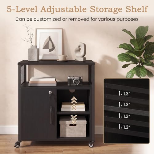 Rolling File Cabinet, Printer Stand with Charging Station (Black) | Mobile Lateral Filing Cabinet | Adjustable Shelf & Metal Frame | Lockable Wheels | For Home Office & Small Space - color: Black