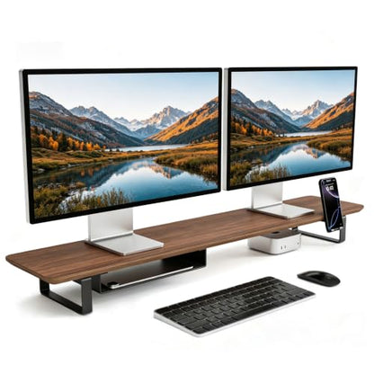 muso wood Dual Monitor Stand with Storage Shelf, 45 Inch Wooden Monitor Riser for 2 Monitors, Walnut Desk Shelf for Computer, Laptop, Screen, TV, Printer