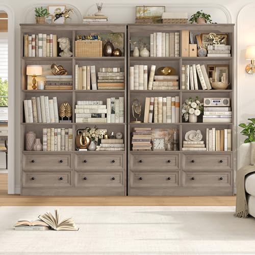 71" Tall Bookshelf with 4 Drawers Large Bookshelf Office Bookcase | 6-Tier Double Wide Bookshelves and Bookcases with Storage, Tall Bookshelf Standing Book Cabinet for Home Office, Ash Grey - color: Ash Grey