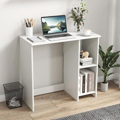 Tangkula Small White Desk with Shelves, Compact Desk for Small Space, Study Writing Table with 2 Tier Shelves, Modern Simple Style Laptop PC Table, White