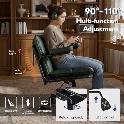 Ollega Green Petite Office Chair for Women Small to Medium Frame, Mid Century Modern Desk Chair with Arms, Soft Back&Seat, Adjustable Height, Wheels, Vintage Leather Computer Chair for Small Space