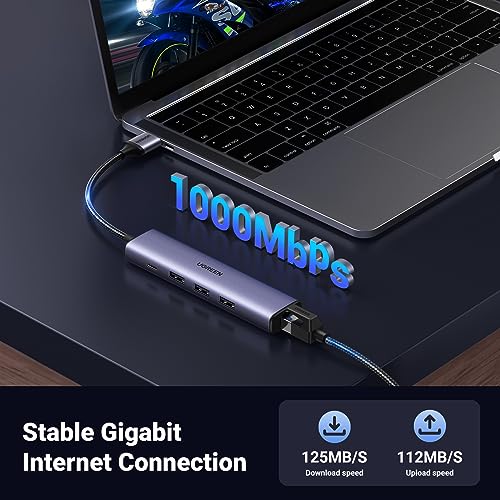 UGREEN USB to Ethernet Adapter, 5 in 1 USB Hub with Ethernet, Plug and Play - size: L100.9xW27xH18 (mm)