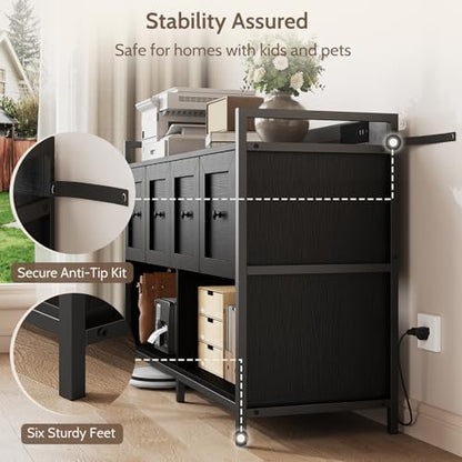 Filing Cabinet for Home Office, 43" Wood File Cabinet with Power Outlet, 2 Drawers, 2 Open Storage Shelves, Black Lateral File Storage Fits Legal/Letter/A4 Size, Printer Stand with Bookshelf Organizer