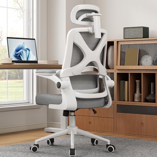 Ergonomic Office Chair - Desk Chair with Adjustable Headrest Lumbar Support Computer Chair - Mesh Comfy Chair with Flip-up Armrests - Gaming Chairs for Adults Home Office (White+Gray) - color: White+gray