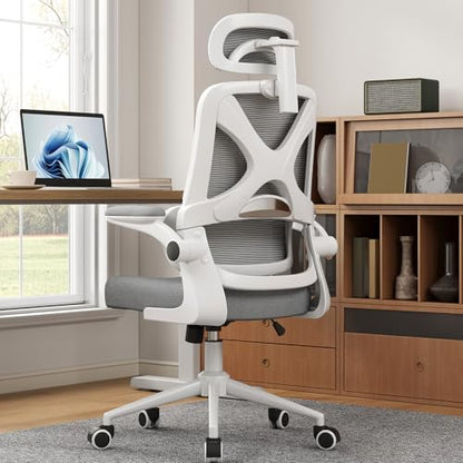 Ergonomic Office Chair - Desk Chair with Adjustable Headrest Lumbar Support Computer Chair - Mesh Comfy Chair with Flip-up Armrests - Gaming Chairs for Adults Home Office (White+Gray) - color: White+gray