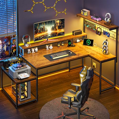 DurayLoly 63" L Shaped Desk with LED Lights,Power Outlets for Gaming Room | LED Light and Integrated Power Outlets; Deliver Gaming Lighting and Easy Device Charging for Bedroom Daily Use,Rustic Brown - color: Brown, size: 63.5inch