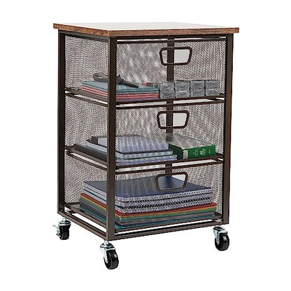 Mind Reader 3 Drawer Storage Organizer with Wood Top, Rolling Office Organizer Cabinet with Wheels, Office, Metal Mesh, Black - style: 3-Drawers with Wood Top