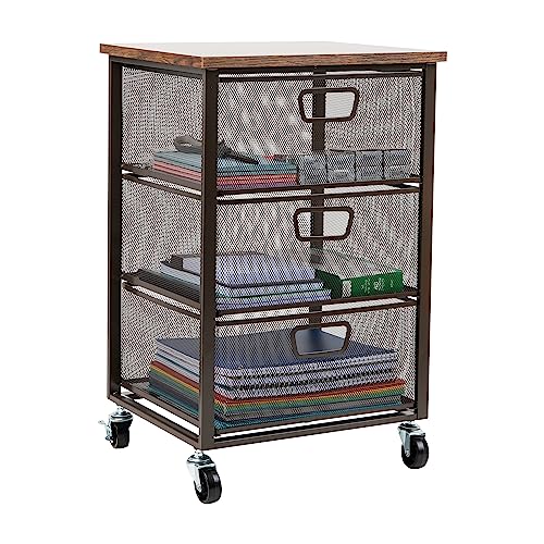 Mind Reader 3 Drawer Storage Organizer with Wood Top, Rolling Office Organizer Cabinet with Wheels, Office, Metal Mesh, Black - style: 3-Drawers with Wood Top