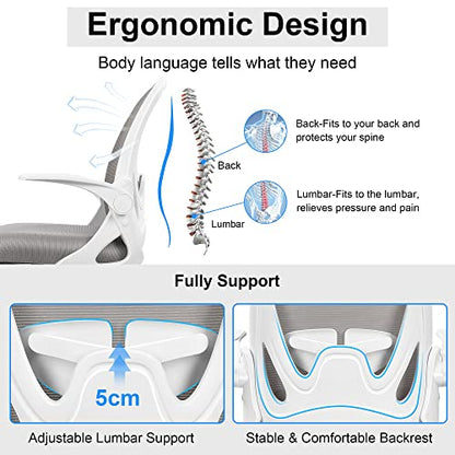Office Chair Ergonomic Desk Chair with Flip up Armrests Swivel Breathable Desk Mesh Computer Chair with Adjustable Lumbar Support and Height for Conference Room (Gray) - color: Grey