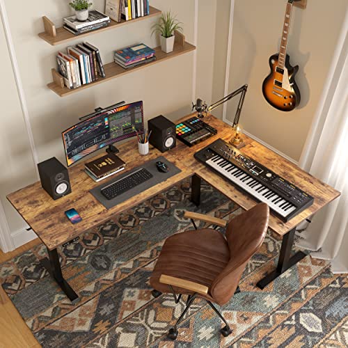 FEZIBO 75 Inches, Supports Over 300lbs, Large L Shaped Standing Desk, Electric Height Adjustable L Shaped Desk, Suitable for Home Office, Rustic Brown Top/Black Frame - color: Rustic Brown, size: 75 Inch