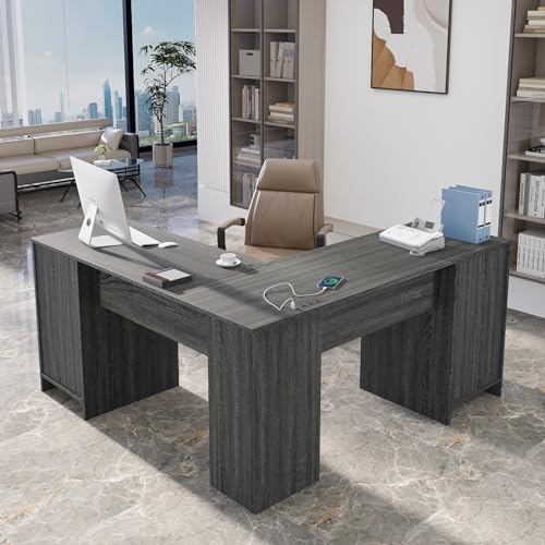 MU L Shaped Desk with File Cabinet, Corner Computer Desk with Storage Drawers, Large Home Office Table with Power Outlets, 60 Inch (Grey) - color: Rustic Grey