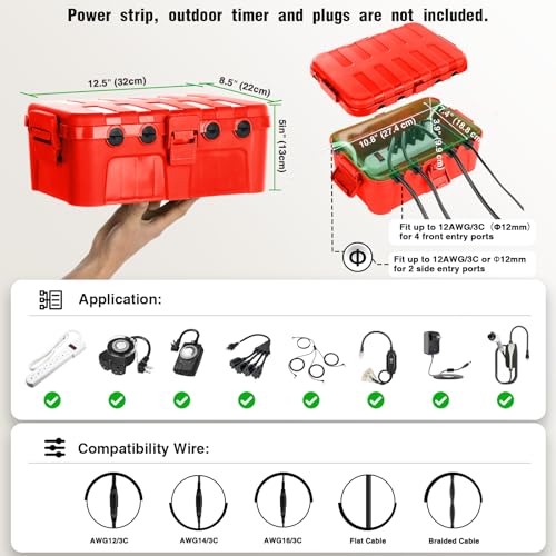 Flemoon Large Outdoor Electrical Box, Waterproof Extension Cord Cover | Inner Size 12 x 7.4 x 3.9 Inch, 6 Cable Entry Ports, IP54 Weatherproof Connection Box for Outlet, Timer, Holiday Light, Red - color: Red, size: Large