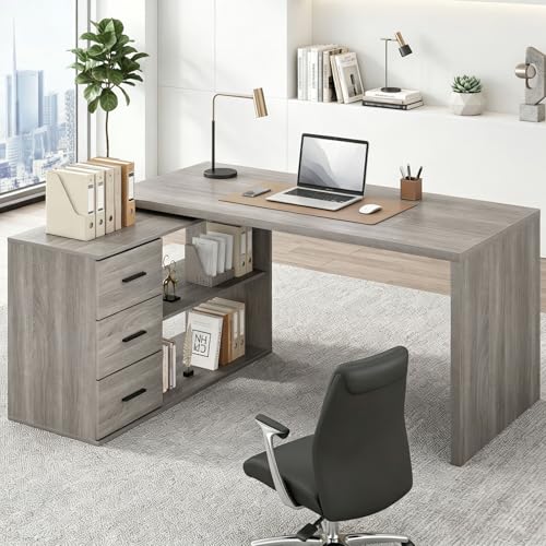 HSH Grey L Shaped Computer Corner Desk with 3 Storage Drawers 60 inch | Reversible Home Office Corner Desk with 2 Open Side Shelves Modern Wood Executive L Desks for Bedroom,Study Workstation - color: Light Grey Oak, size: 60 Inch