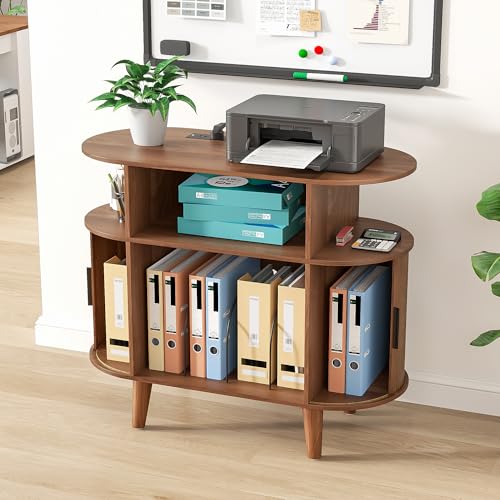 Fiogmub Round Printer Stand with Charging Station & USB Ports - color: Walnut