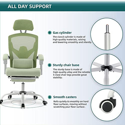 DUMOS Gaming Chair with Footrest, Home Office Desk Chair | High-Back Mesh Rolling Swivel with Wheels, Comfy Headrest, Arms, Lumbar Support, Elegant Green - color: Elegant Green, size: 23"D x 20"W x 50.75"H