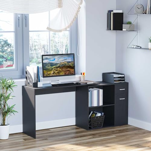 HOMCOM L Shaped Computer Desk 180° Rotating 47.25"x19.75"x 53.75", Black | Corner Desk, Storage Shelves, Drawer, Cabinet, Study Workstation, for Home Office
