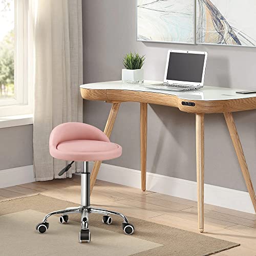 KKTONER PU Leather Round Rolling Stool with Back Rest Height Adjustable Swivel Drafting Work SPA Task Chair with Wheels Pink - color: Pink