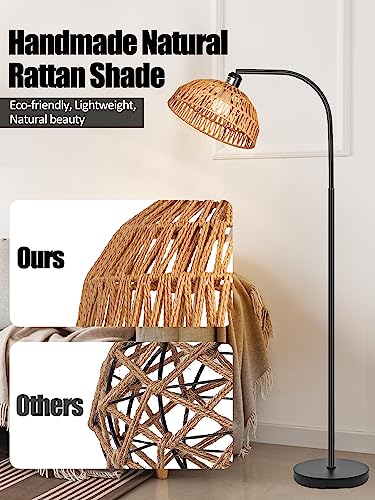 Brilvibera Boho Standing Lamp with Remote Control and Dimmable Bulb | Hand-Worked Adjustable Rattan Shades, Black Farmhouse Tall Lamp, Boho Arc Floor Lamps for Living Room, Bedroom, Office - style: Rattan Standing Lamp Black