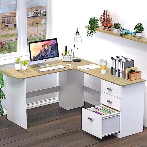 SHW L-Shaped Home Office Wood Corner Desk w/Box Box File Drawers, Oak | 51 x 59 Inches | 2 Pre-installed Grommets - color: Oak