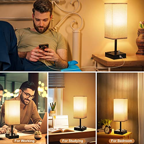 aooshine Gray Fully Dimmable Nightstand Lamps Set of 2 - Table Bedside Lamp with USB C+A Charging Ports & 2 AC Outlets, Square Lamp Sets Linen Fabric Shade for Bedroom Living Room(Bulb Included) | Stepless Dimmable by Rotary Knob, 3000K LED Bulbs Included