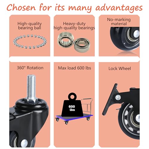 YOOGAA Office Chair Caster Wheels Stem Threaded Casters M10-1.5x25mm No Noise Swivel Castors Set of 4 (2 inch Caster with Brake) - style: 2 inch Caster with Brake