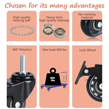 YOOGAA Office Chair Caster Wheels Stem Threaded Casters M10-1.5x25mm No Noise Swivel Castors Set of 4 (2 inch Caster with Brake) - style: 2 inch Caster with Brake