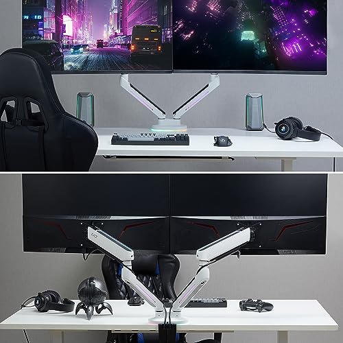 AVLT Dual 27”-43” RGB Gaming Monitor Arm Desk Mount - White | Built-in 20 Lighting Modes Touch Button Control Fits Flat/Curved/Ultrawide Screen Height Swivel Tilt Rotation Adjustable - color: White - Dual