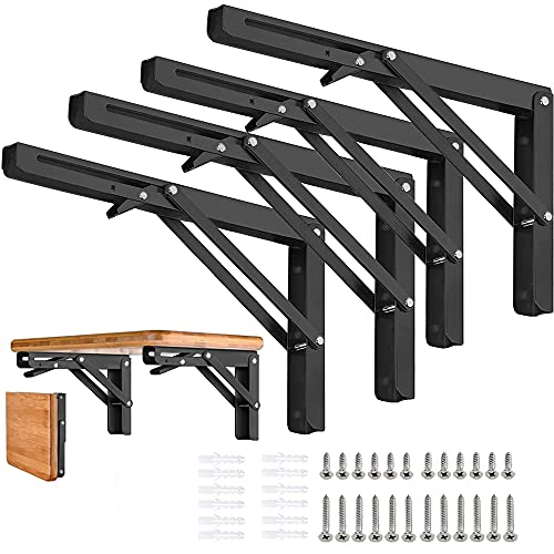 Folding Shelf Brackets - 16 Inch 4 Pcs Heavy Duty Metal Collapsible Shelf Bracket, DIY Wall Mounted Shelf Bracket Space Saving for Table Work Bench (with Screws) - size: 16 Inch- 4 Packs