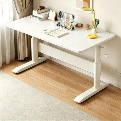 Manual Crank Standing Desk Adjustable Height 23.6-33.5 inch, Steel Frame Computer Table with Solid Wood Eco-Board Desktop and Cable Management Hole, mesa Gamer for Home Office(White,48IN) - color: White, size: 48IN